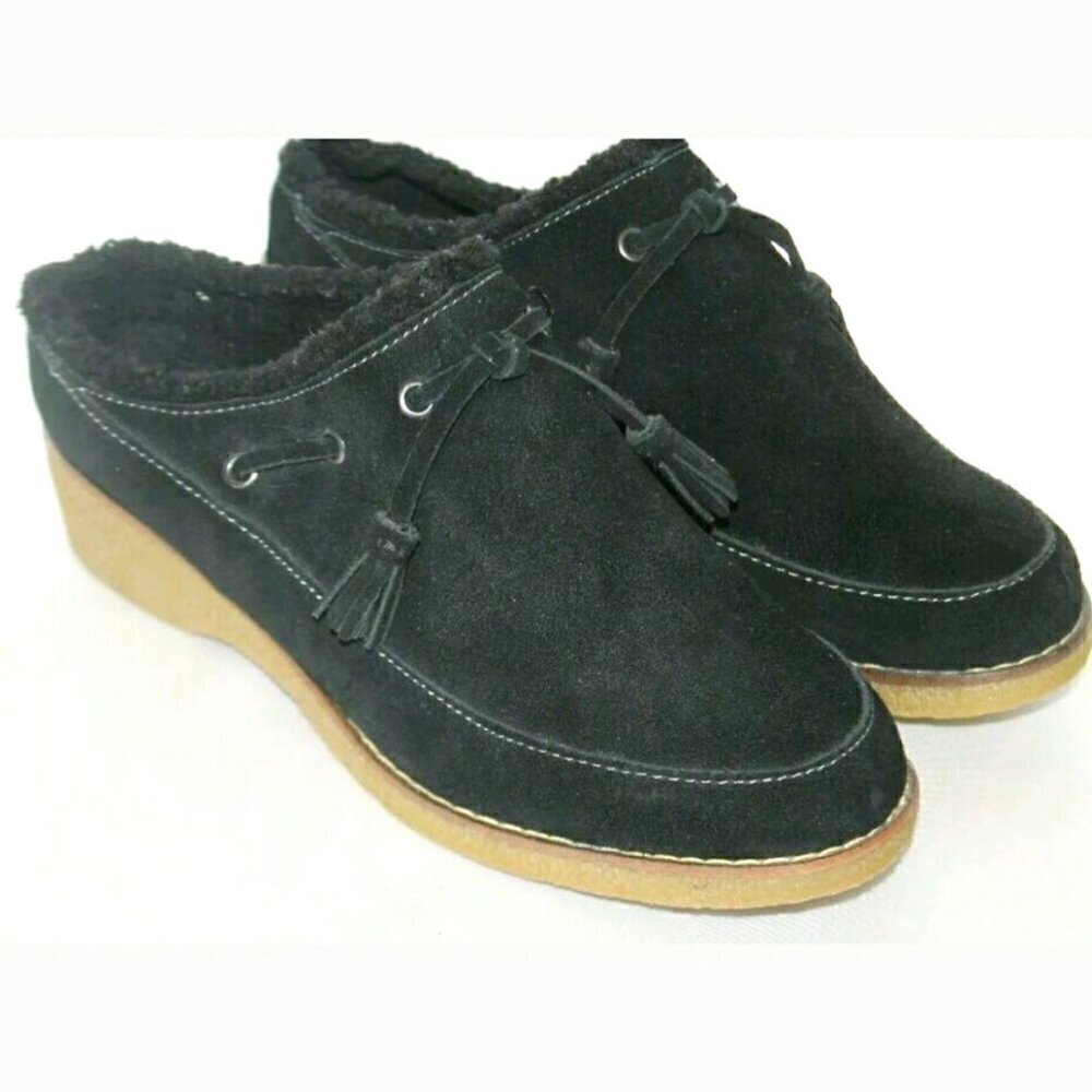Lands End SZ8.5 Black suede tassel sherpa lined clog wedge warm comfort